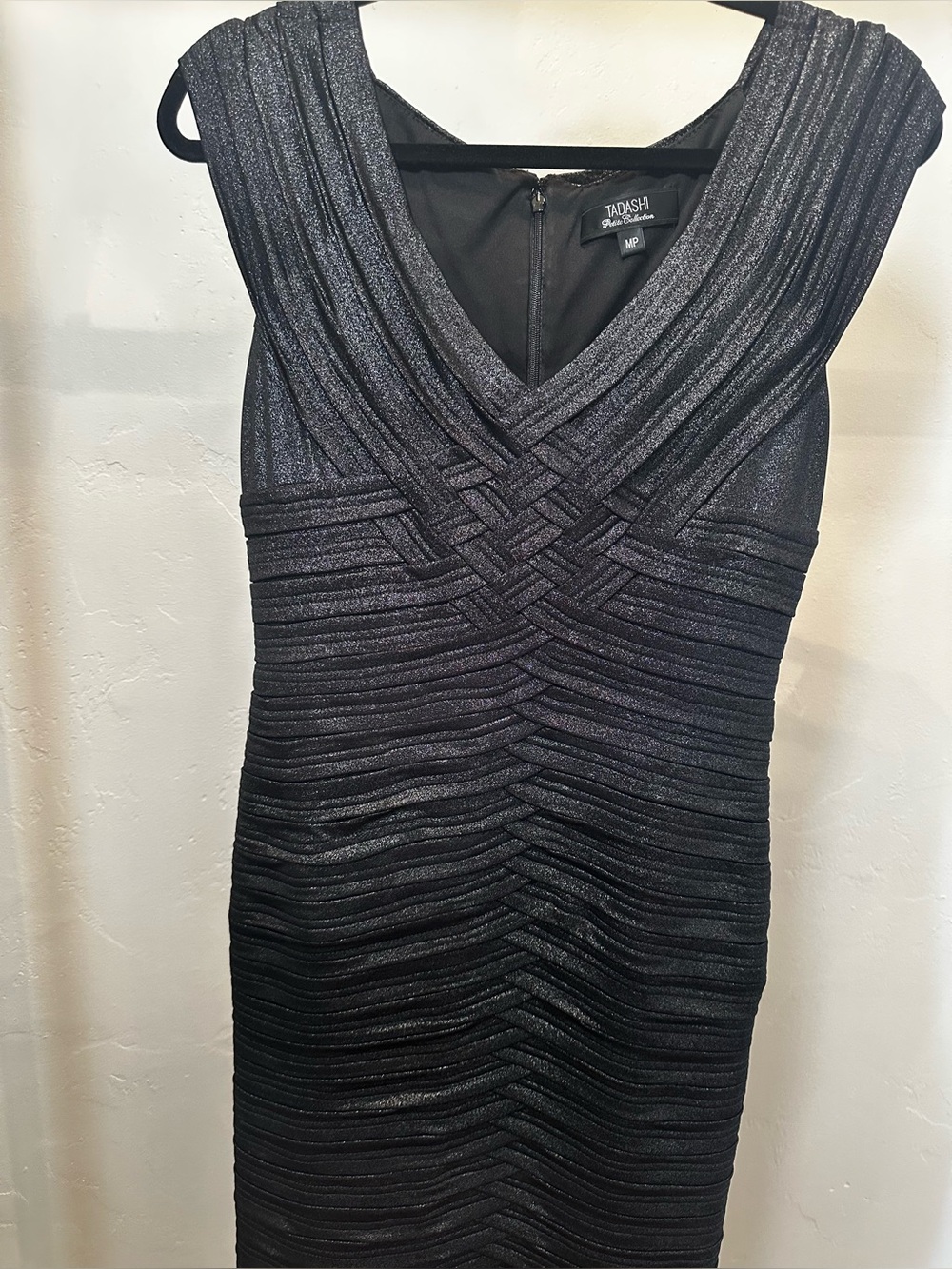 Tadashi Shoji Black Metallic Ruched V-Neck Midi Dress